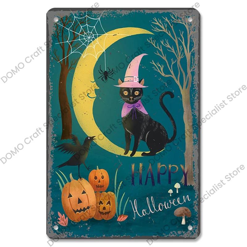 Happy Halloween Retro Poster Metal Plate Jack-O-Lantern Black Cat Witch Metal Tin Signs Vintage Halloween Party Living Room Home