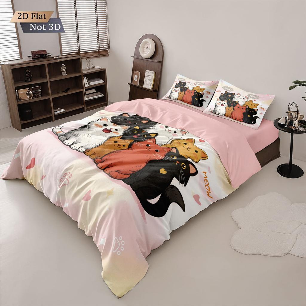 3pcs Cartoon Cute Cat Printed Coreless Down Duvet Cover Set, Multi Size Bedroom Bedding Decoration, Machine Washable