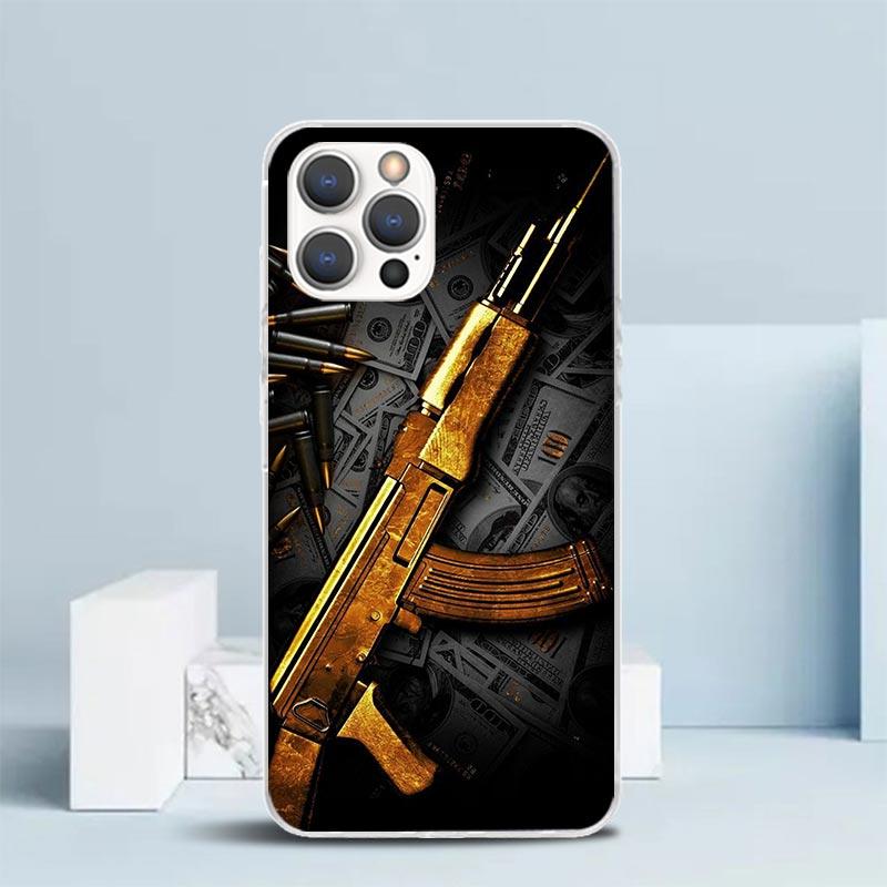 Gun Bullets AK47 Handgun Soft Cover for iPhone 16 17 Air 15 14 Pro Max 16E Phone Case 13 Mini 12 11 7 SE 8 Print Pattern Fit Cas