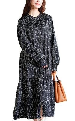 Gold Japan Plus Size Long Winter Size Dot Pattern Women's Dress, Sleeves, Tiered, Gathered, Stretch, Pockets, Outfit, Spring/Autumn, Plan-371001, 3L,