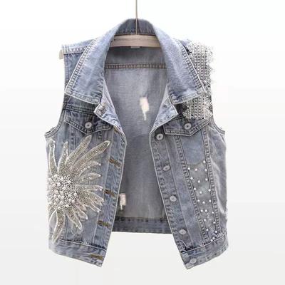 Spring Korean Version Lace Nail Bead Denim Vest Women's Short Sleeveless Vest Jacket Top with Camisole