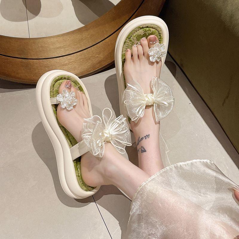 Woman Slippers Open Toe Shoes for Women on Beach Slides With Bow Green Sandals Flat Korea Style Designer Luxury Clappers New Vip