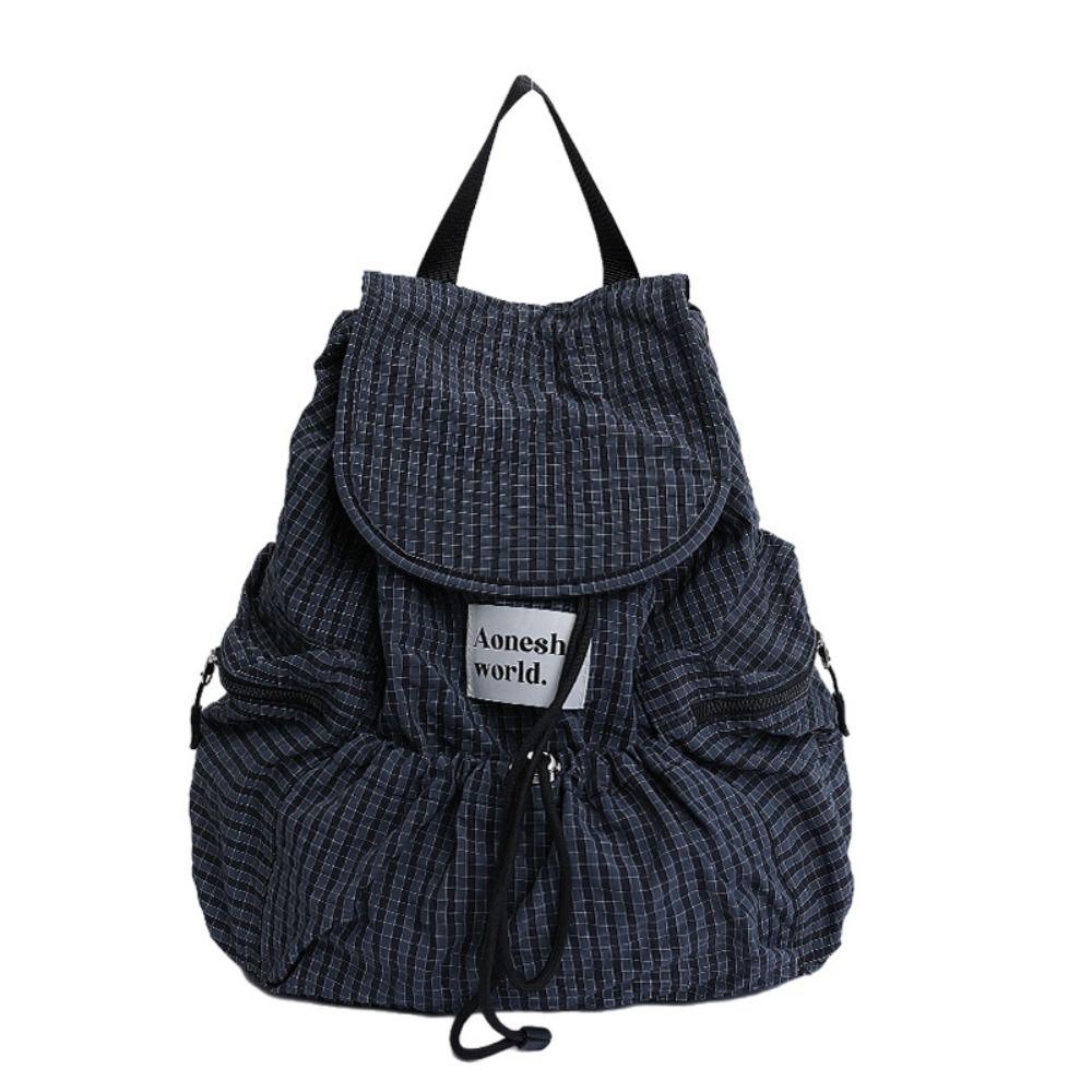 Karomuster Raffung Schultertaschen Koreanische Studenten Schultasche Trendige Rucksack mit Kordelzug Herren Damen