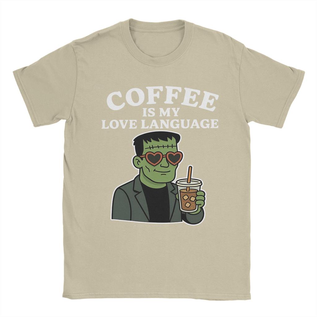 Priting Frankenstein Monster Love Coffee T-Shirt Men's Cotton Short Sleeve Round Neck Summer Clothing