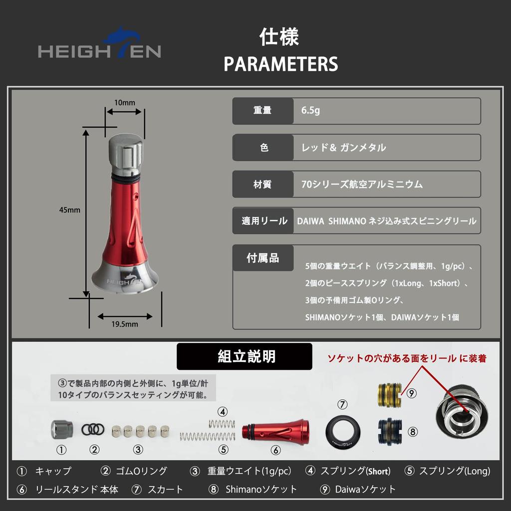 HEIGHTEN 45mm Reel Stand with Custom Balancer for Shimano and Daiwa Spinning Reels, Pillar Series (Red & Gunmetal Cap) (283)