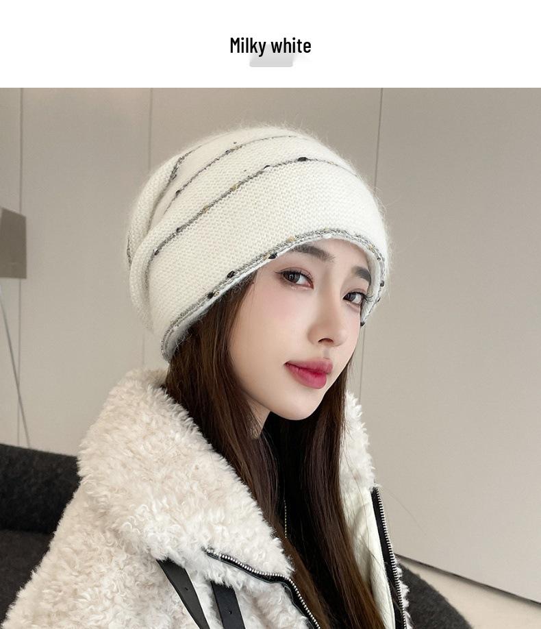 Women's Rabbit Fur Slouchy Hat with Ear Protection - Knitted Jumper Yarn, Plus Velvet, Autumn/Winter Style for Outdoor Warmth
