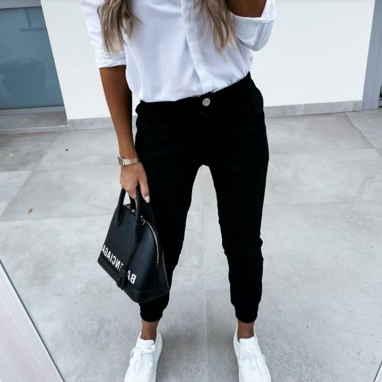 European & American Women's High-Waisted Pleated Slim-Fit Joggers with Elastic Cuffs - Casual Workplace Pants