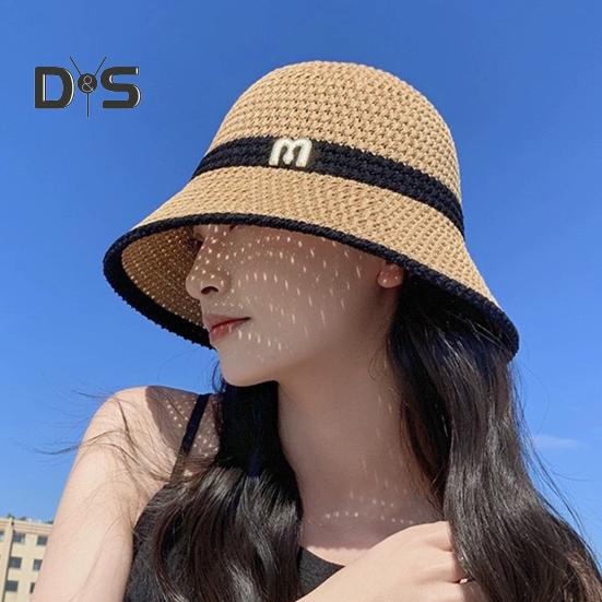 Summer Women Fisherman Hat Sun Protection Anti-UV Foldable Straw Hat Letter Decor Breathable Portable Camping Beach Travel Gardening Sun Cap