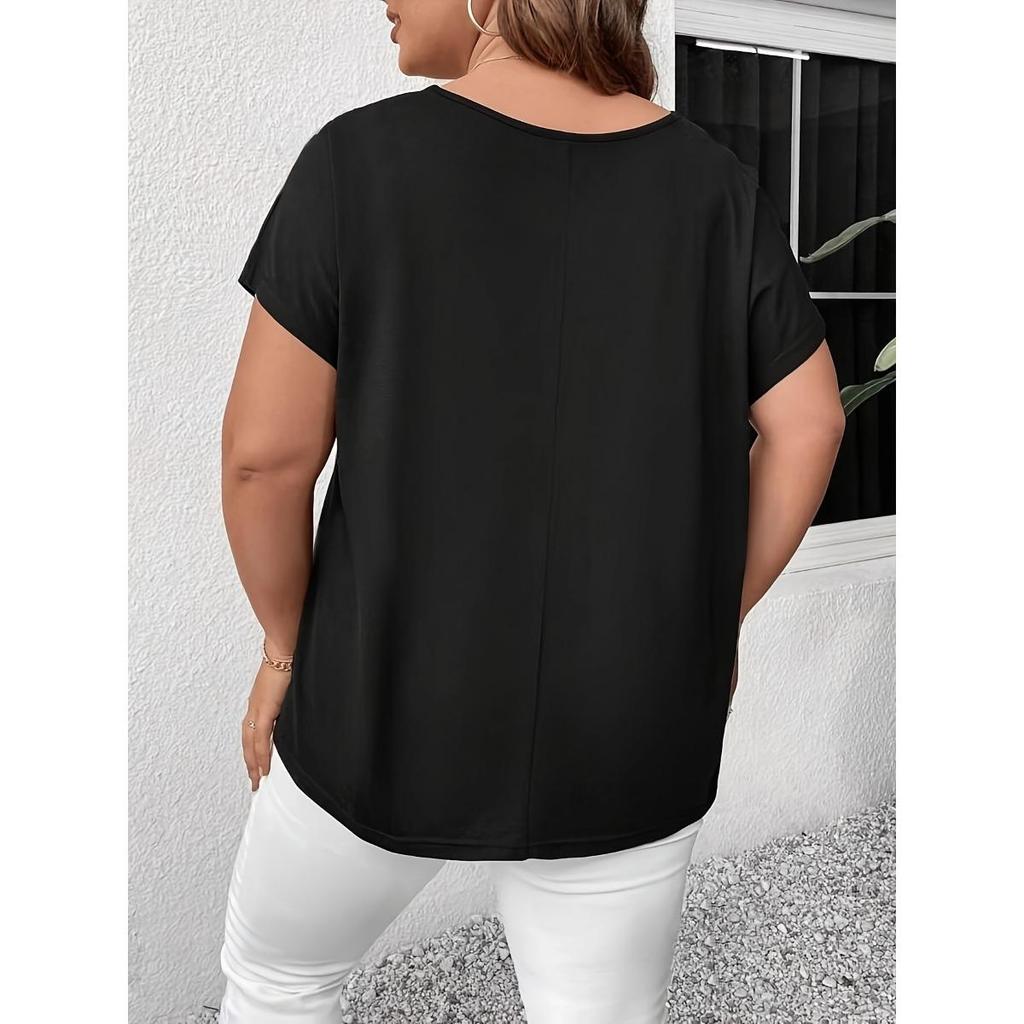 Gładki kolor, krótki rękaw, detal z krzyżującymi się paskami, modny, elegancki, damski top/koszulka plus size