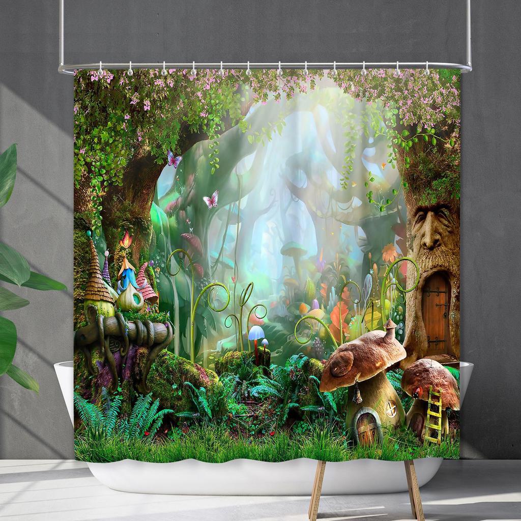 Bathroom Waterproof Curtain Digital Printing Plant Mushroom Shower Curtain Non-Punching Toilet Partition Curtain Shower Cloth