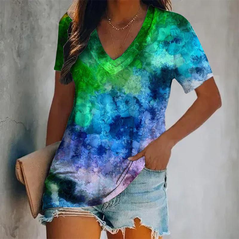 Damen Neues Kurzarm-V-Ausschnitt-T-Shirt mit gedrucktem Farbmuster, Übergroßes Damenoberteil im Y2K-Stil, Atmungsaktives T-Shirt