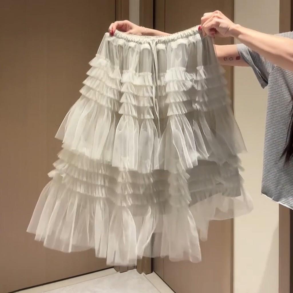 Qooth French Lace Tulle Midi Skirt Tiered Cake A-Line Skirt QT2849