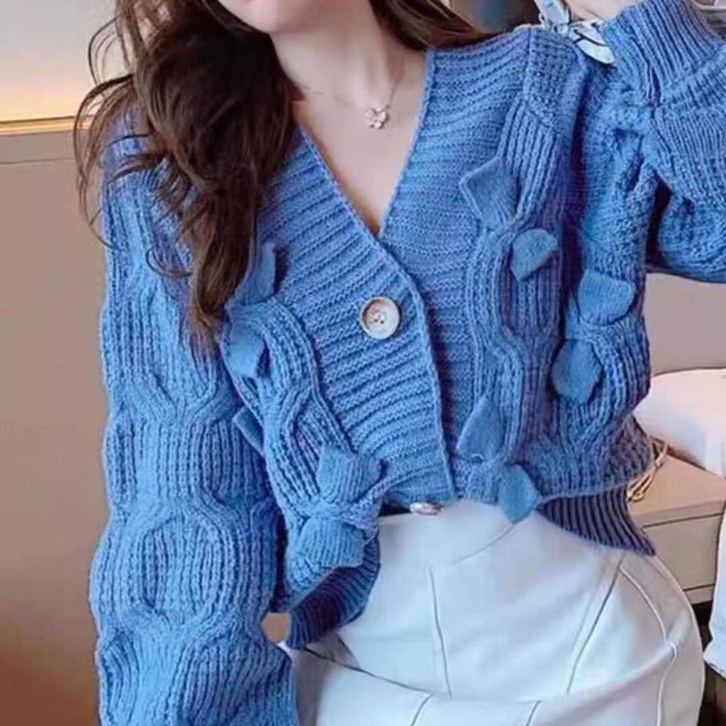 Pullover Damen Herbst und Winter Oberbekleidung Retro Japanischer Lazy Style V-Ausschnitt Schleife Locker gestrickte Strickjacke