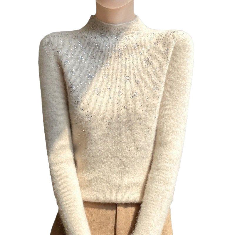 2025 Autumn/Winter Women's Rhinestone Ribbed Knit Sweater: Stylish Long-Sleeve, Half-High Neck, Loose Fit.