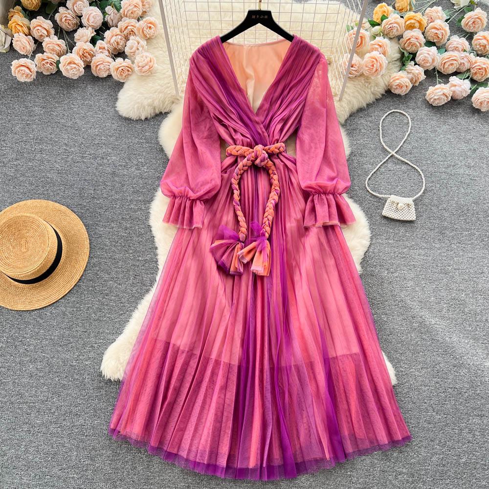 Kadın Örgü Parti Uzun Elbise V Boyun Uzun Kollu Degrade Dantel Up A Line Sundress Moda Bohe Pilili Maxi Elbise