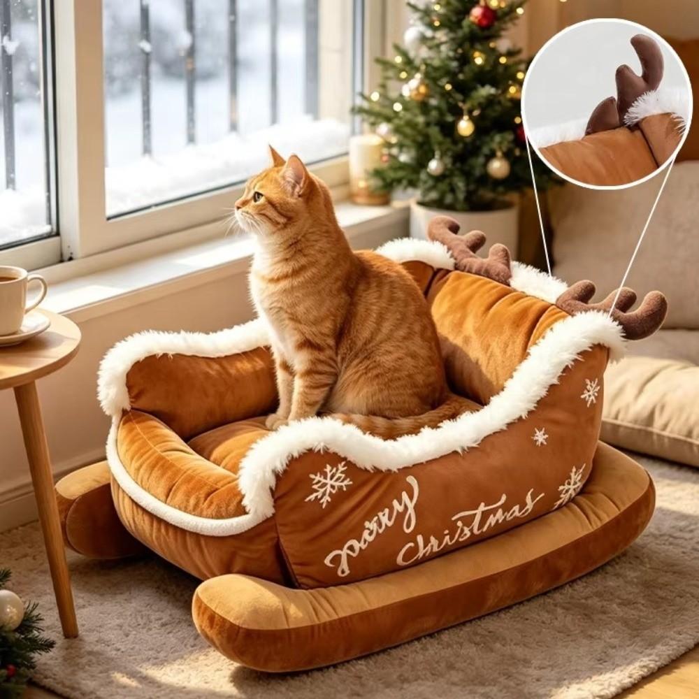 Bite Resistant Christmas Sleigh Pet Bed Reindeer Shape Xmas Sleigh Cat Nest  Holiday Gift