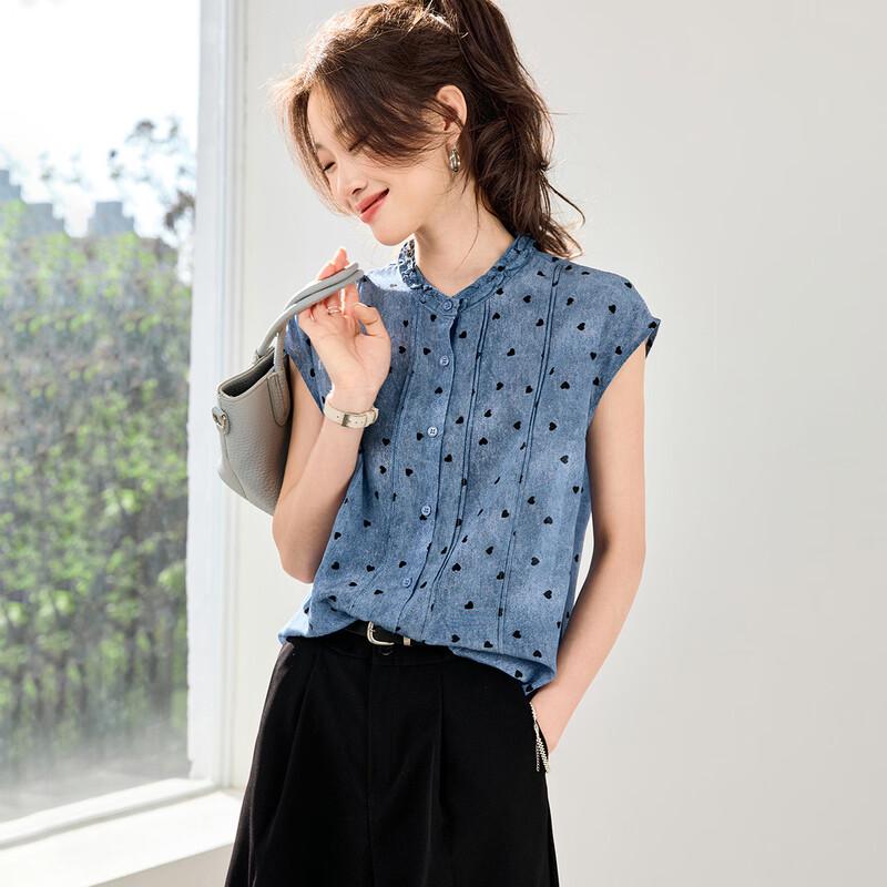 Srcr Women s 100% Silk Heart Print Short-Sleeve Blouse M