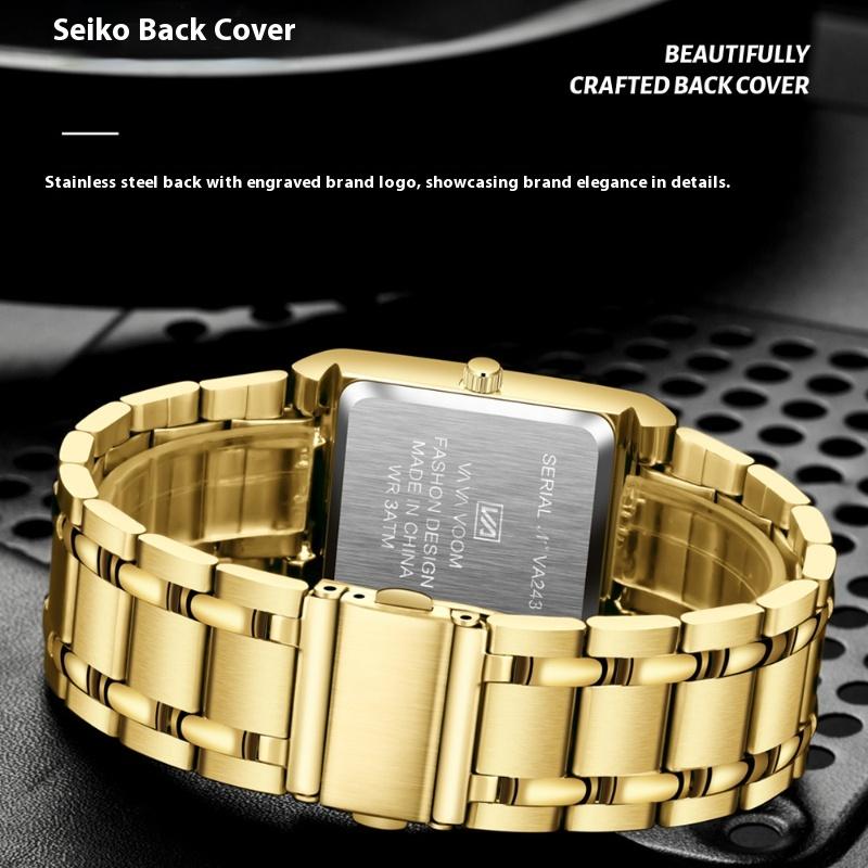 VA VA VOOM Rectangle Stainless Steel Men's Steel Strap Watch Gold Business Calendar Quartz Waterproof Watch Large Dial