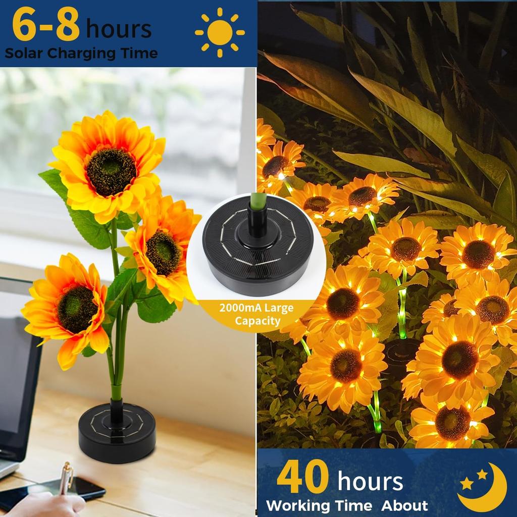 Sunflower Solar Garden Lights - Waterproof Outdoor Decoration, 40H Powered, 2pcs