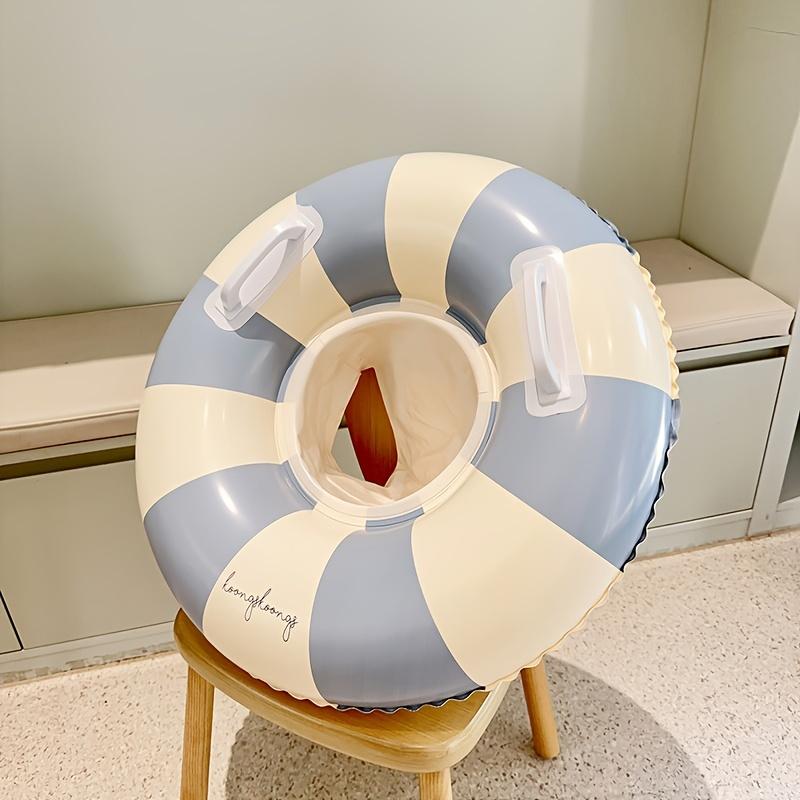 Youngsters' Vintage Striped Swimming Ring with Handles - Durable Thick PVC, Blue & Pink