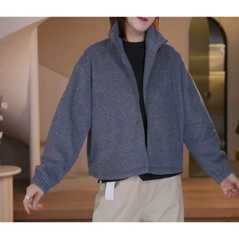 Women's Wool Blend Casual Loose Zipper Jacket - Autumn/Winter Stand Collar Slimming Top