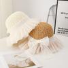 Summer Lace Bow Wide Brim Sun Hat Women Crochet Pattern Ruffled Tulle Brim Sun Protection UV Beach Hat