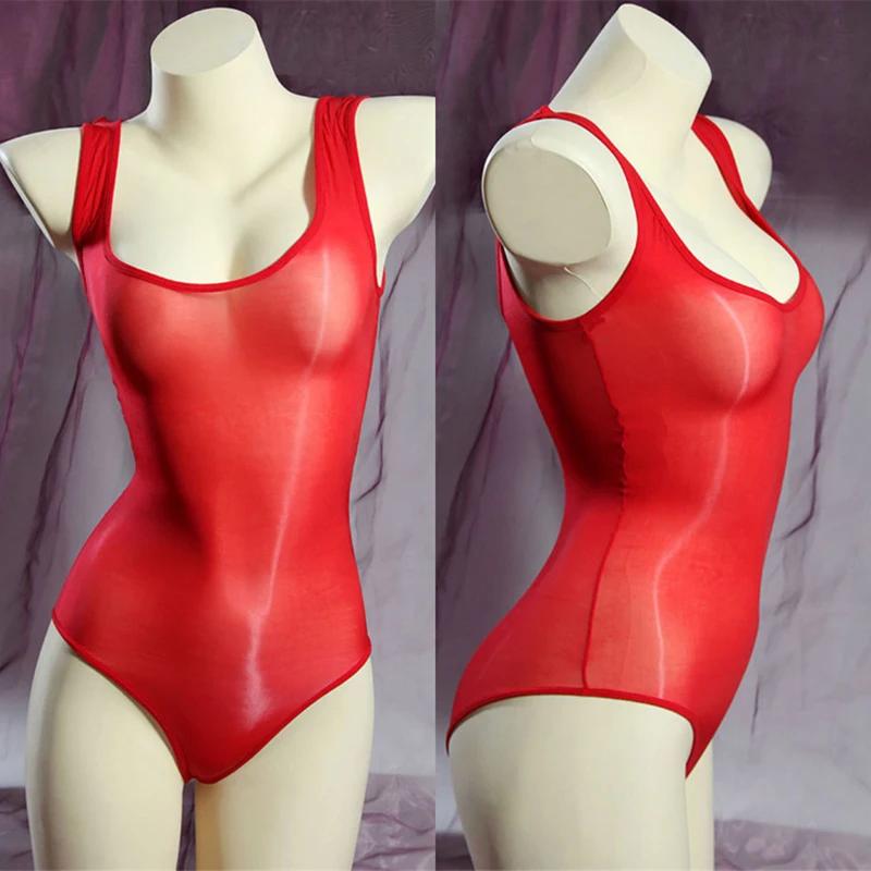 8D Oil Shiny Bodysuit Tops Women Sexy Ultra Thin Transparent Shaping Leotard Jumpsuit Summer Beach Bikini Swimsuit