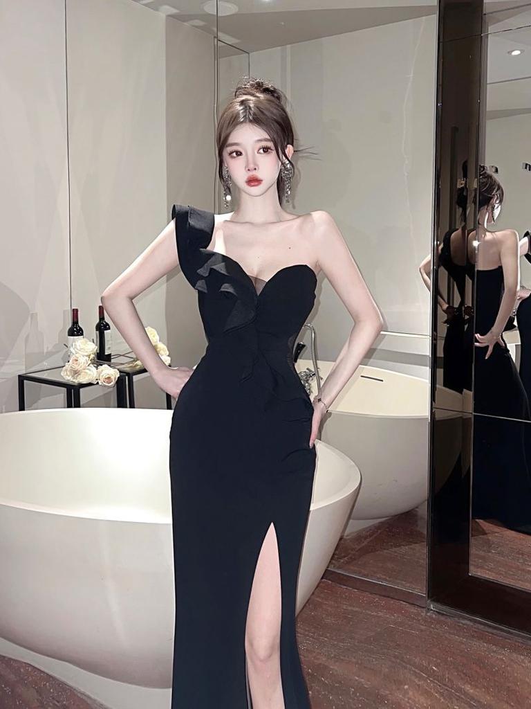Sexy one-shoulder dress long dress women's summer ruffle edge temperament socialite high split evening dress dress high sense women