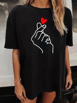 Finger & Heart Print T-shirt, Short Sleeve Crew Neck Casual Top For Summer & Spring, WoUnisex Clothing Unisex