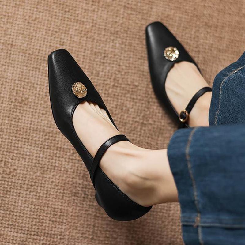 Krazing Pot Microfiber Square Toe Thick Med Heels Spring Summer Shoes Big Size 43 Metal flowers Women Shallow Pumps