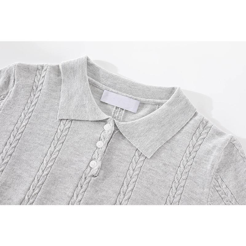 Tricou cu mânecă scurtă brodat cu fundă pentru femei, Un nou tricou polo de vară în stil coreean cu umeri drepți și un top subțire din tricot