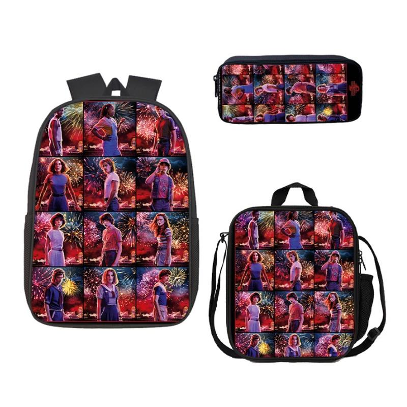 

Stranger Things School Backpack Set With Lunch Box And Pencil Bag For Kids High Capacity And Wear Resistant Red