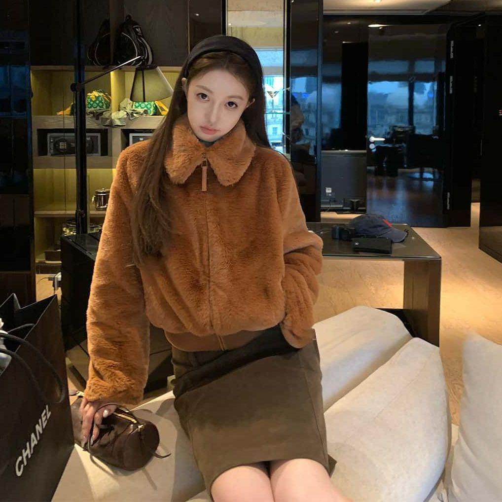 Women's Winter Rex Rabbit Fur Coat - Warm, Fleece-lined, Thickened, Korean-Style Petite