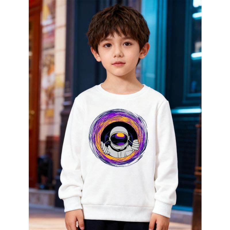 European sizes Kids' Stylish Round-Neck Pullover, Long-Sleeve Top , Featuring a Cool Astronaut Print, Suitable for Casual Wear And Outdoor Activities