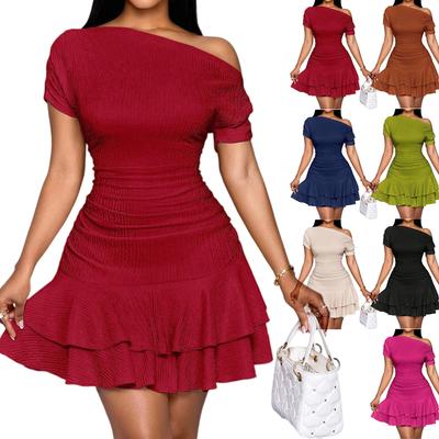 Women’s One Shoulder Short Sleeve Ruffled Hem Bodycon Mini Dress Ruched Stretchy Layered Skirt Casual Wear