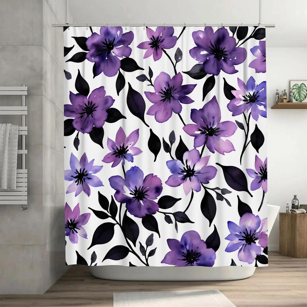GAEBeautiful Purple Floral Shower Curtain Black White Watercolor Print Bathroom Decor Decoration Quick Dry Polyester FabricMod