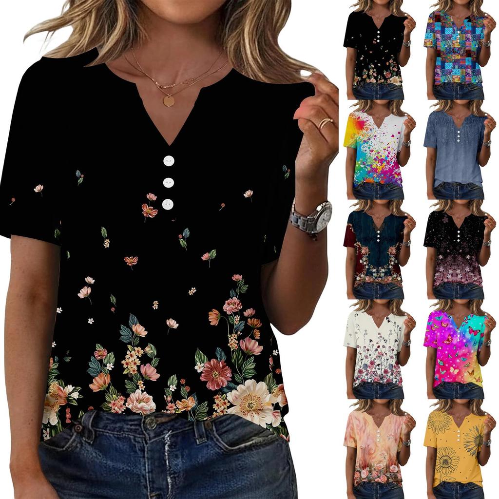 Women's Fashionable Casual Short-sleeved Retro Printed V-neck Top