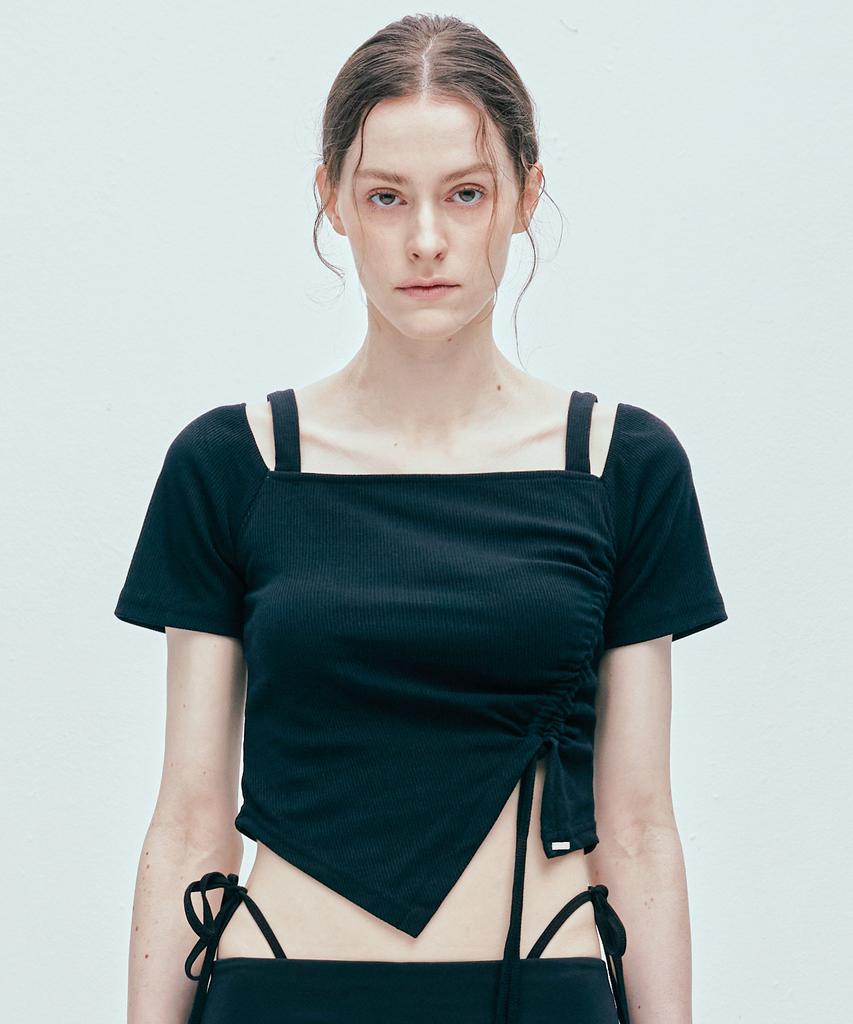 SSY 2-Way Side Shirred Square Neck T-Shirt Black
