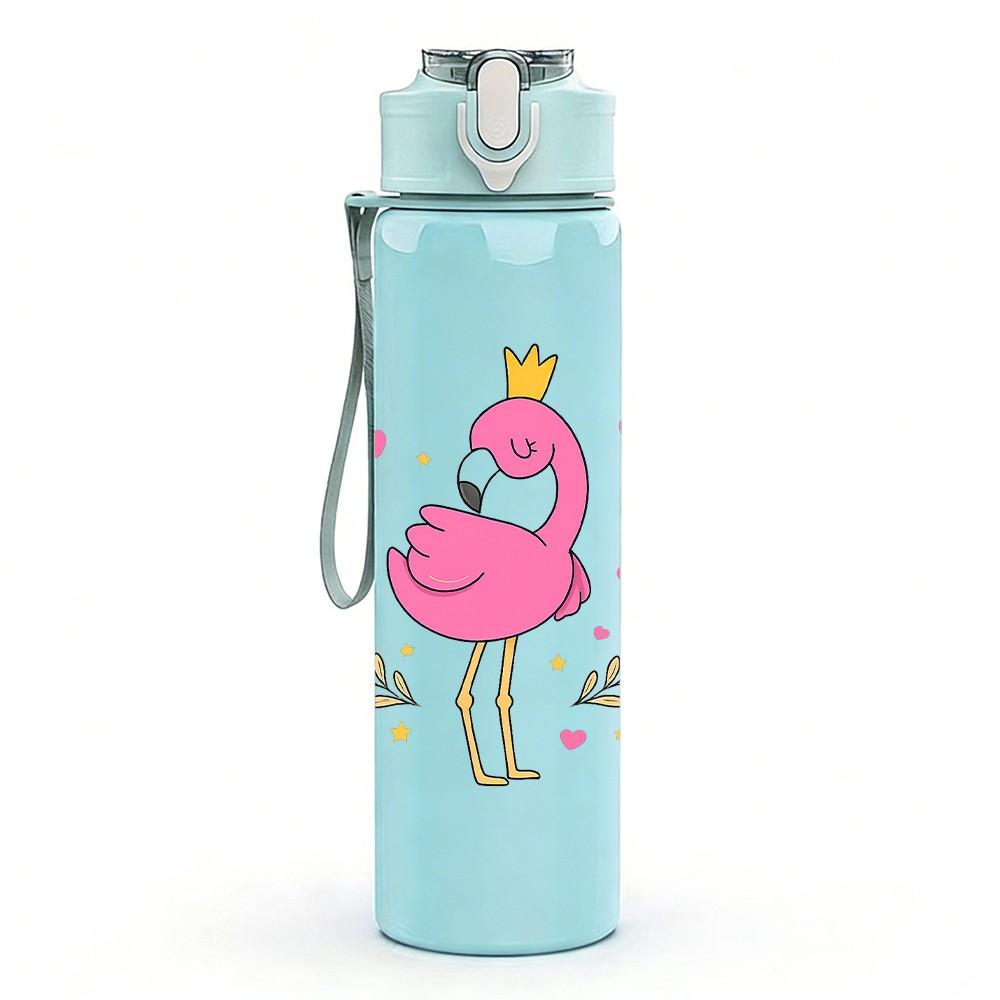 1PC Pink Crown Flamingo Cartoon 750ml Color Plastic Sports Water Bottle Leakproof Flip Straw Lid Suitable for Sports Office Home Use