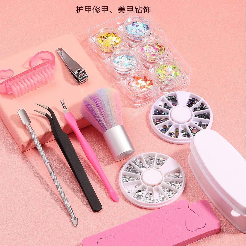 11Pcs Nail Art Kit Manicure Cuticle Cutter Pusher Fork Dust Clean Brush Rhinstones For Nails Polish DIY Decoration