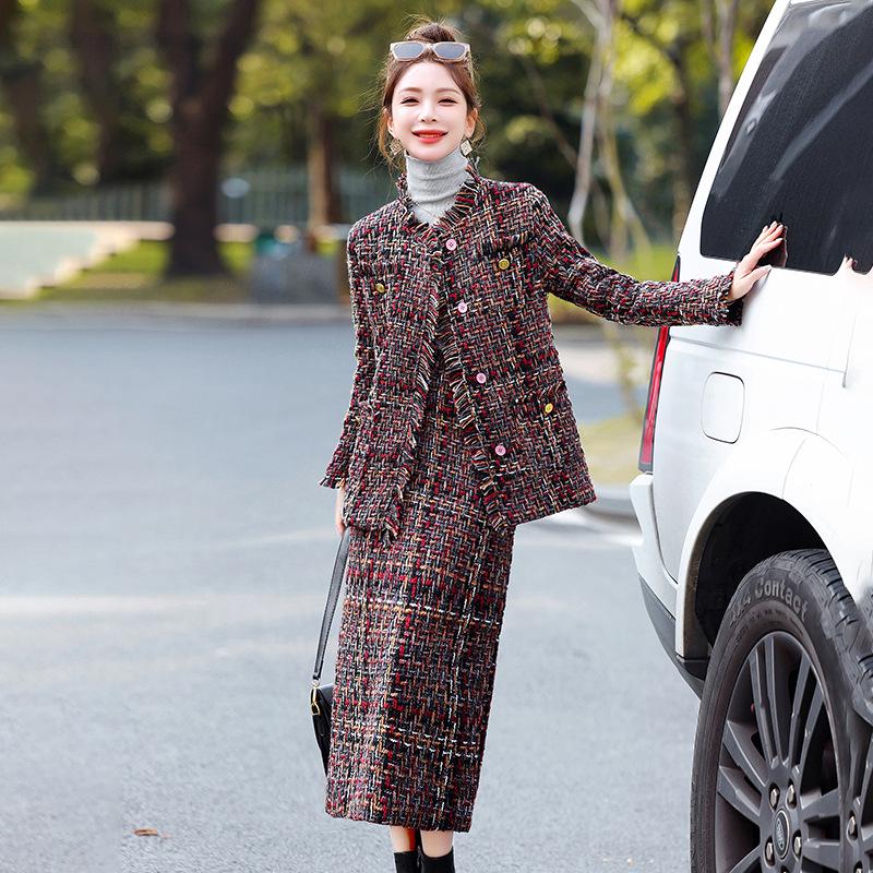 Chic Winter Plaid Jacket & Skirt Cotton Set HM2872