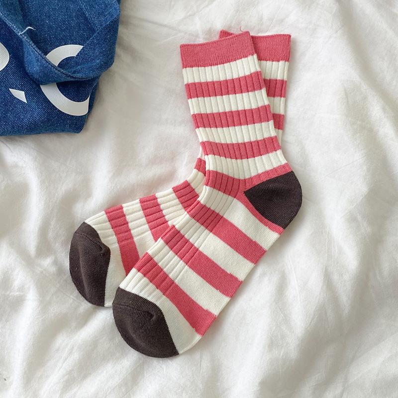 Socks Women Autumn Spring Korea Style Harajuku Street Sport Cotton Stripes Casual Skateboard Mid-tube Sock