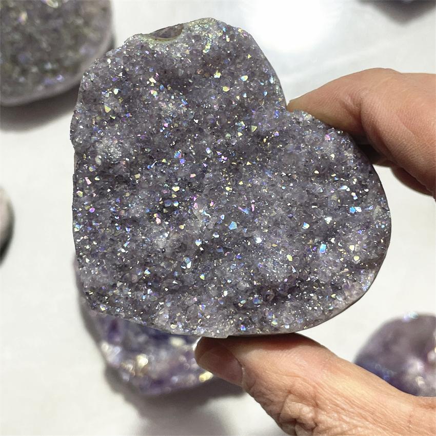 1pcs Amethyst Geode Heart Shaped Crystal Healing Crystals Stones Titanium Rainbow Aura Amethyst Cluster Angel Aura Quartz