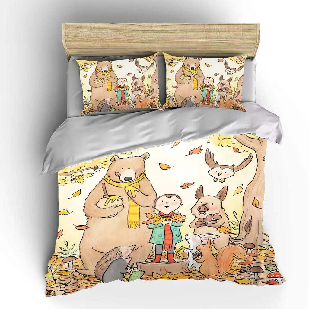 Autumn painting of a boy and small animalst Bedding Set for Kids Luxury Gift 3pcs Digital Print Comforter Set Soft Comfortable
