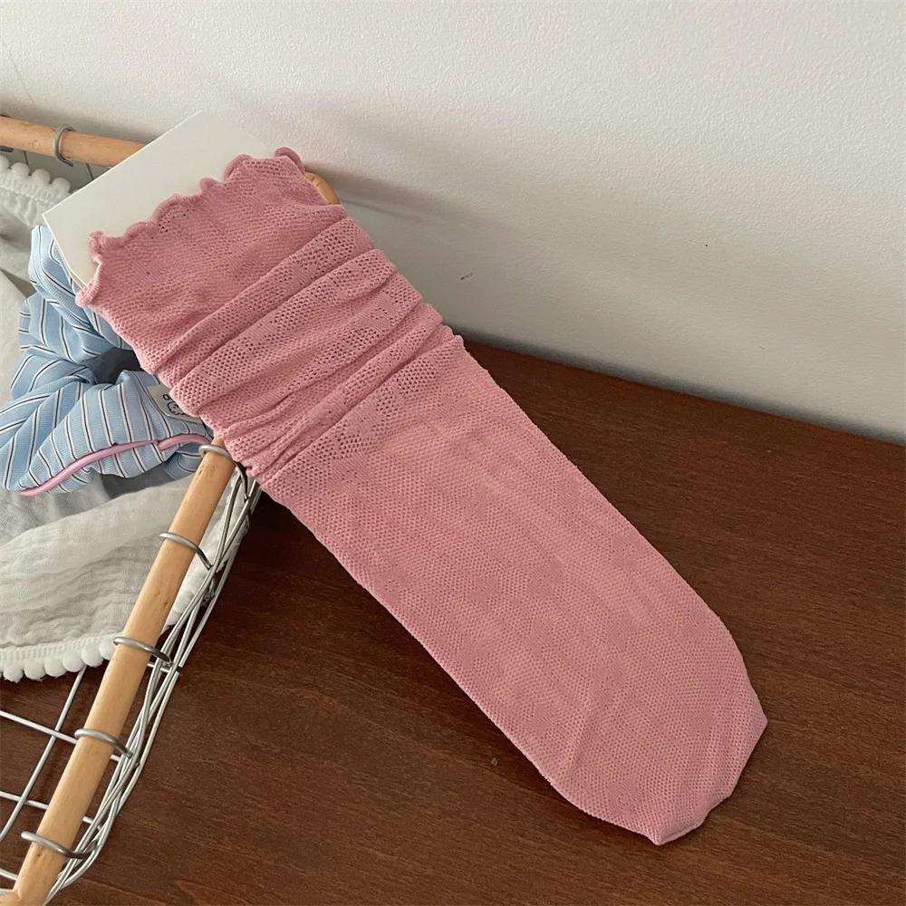 1 Paar Spitzensocken für Damen, aushöhlen, Netzstoff, dünn, atmungsaktiv, Sommer, lose, lange Socken, Blumenstickerei, süße Mädchen, japanische Kawaii-Socken