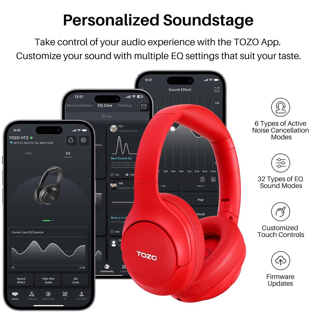TOZO HT2 Wireless Audio 40mm Dynamic Bluetooth AUX Wired Noise Cancelling Headphones with Up to 38dB Noise Up to 60 Hours of Continuous App Custom EQ