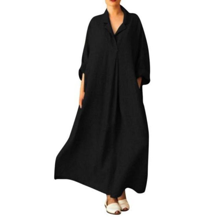 Women Autumn Spring Maxi Dress Pure Color V Neck Long Sleeves Pullover A-line Loose Hem Pleated with Side Pockets Casual Daily Wear