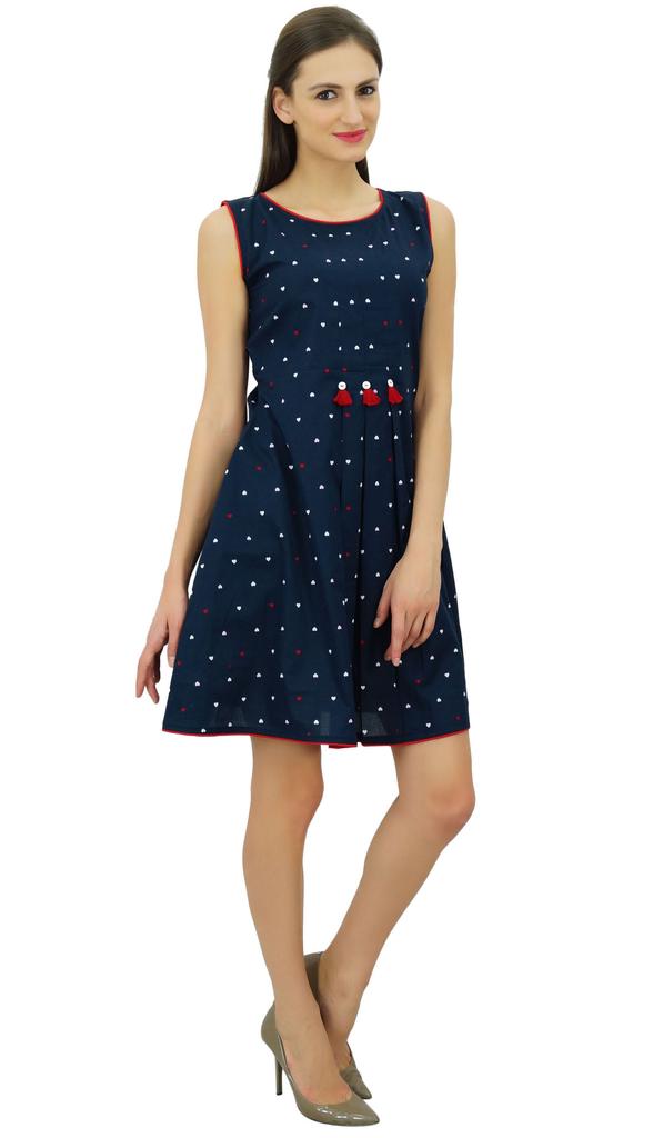 Bimba Navy Blue Pleated Cotton Dress Chic Casual Midi Sleeveless Summer