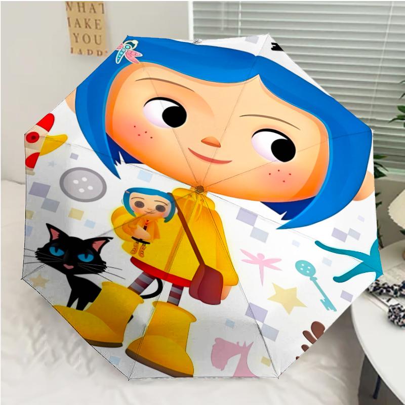 Coraline Print Automatic Umbrella, 8 Rib Iron Frame, Plastic Handle, Suitable for Outdoor Travel &Daily , Ideal Gift