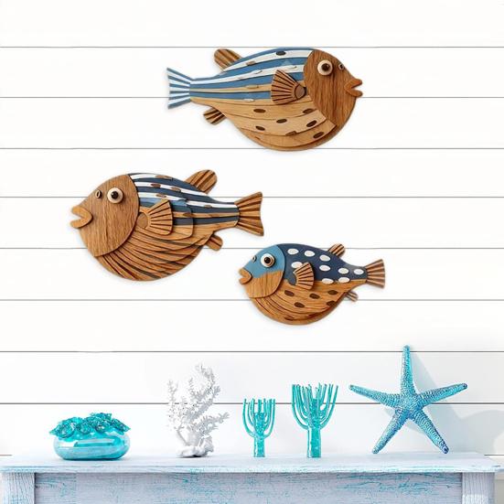 3 Pezzi Pesci in Legno Decorazione Murale Nautica da Spiaggia, Scultura Murale Rustica di Pesci Sospesa per Casa sul Lago, Stanza dell'Oceano, Bagno, Camera da Letto